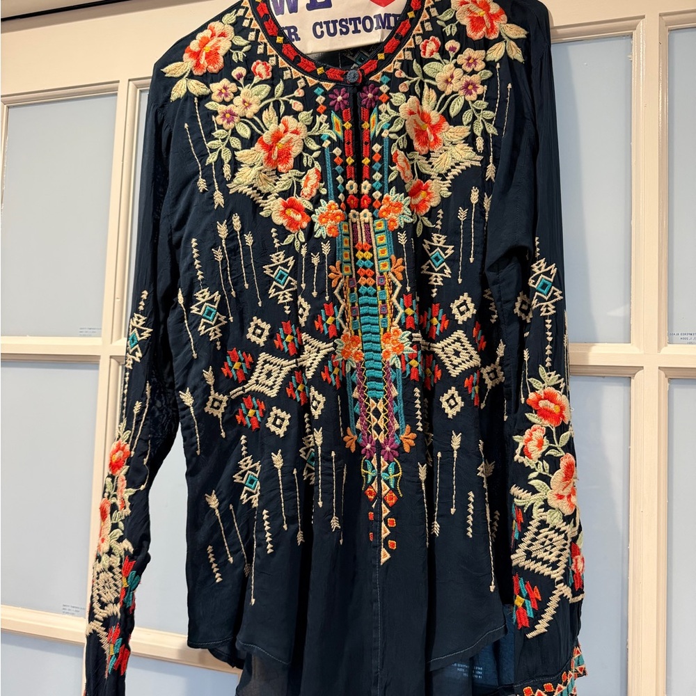 Johnny Was Navy Embroidered Boho Top with Silver Accents